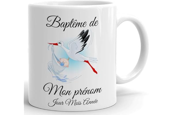 L'Esprit Des Anges Tasse Mug Cadeau Baptême Personnalisable Prénom et Date - Cigogne portant un Bébé - à Personnaliser Naissance Enfant