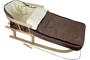 BABYS-DREAMS BAMBINIWELT Kombi-Angebot Holzschlitten mit Rückenlehne & Zugseil + universaler Winterfußsack (108cm) auch geeignet für Babyschale, Kinderwagen, Buggy, aus Wolle Uni