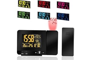 ALLOMN Orologio Proiezione Soffitto con 120° di Rotazione Proiettore, Temperatura Interna ed Esterna, Previsioni Meteo, 12/24H Visualizzazione Data ora Giorno, Funzione Snooze, 8 Colori Retroilluminazione