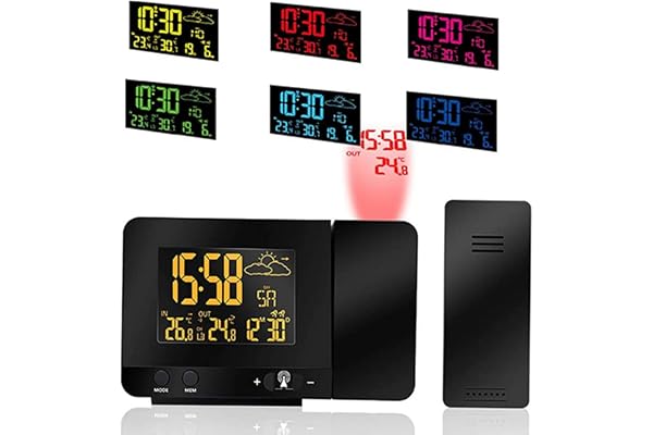 ALLOMN Réveil à Projection Numérique, Température Intérieure et Extérieure, Prévisions Météo, Affichage de la Date jour 12/24H, Fonction Snooze, Port de Charge USB, 8 Ccouleurs de Rétroéclairage