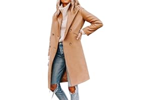 Cicy Bell Womens Notched Lapel Collar Double Breasted Pea Coat Winter Wool Blend Over Coats Long Jackets
