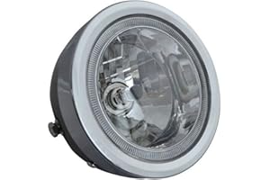 Alchemy Parts Motorcycle Halogen Headlamp Headlight with Chrome Bezel and LED Halo Ring 6.5 inch 12V 35W for Custom Street Bike Café Racer Scrambler