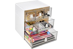 LANSKYLAN Boîte de Rangement Bureau à 6 Tiroirs Empilable, Casier Plastique 3 Niveaux, Organiseur Papeterie École