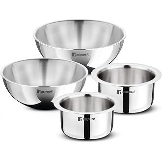 Bergner TriPro Tri-Ply Stainless Steel 4 Pcs Cookware Combo Set of 14cm (1.3L) 16cm (1.9L) Topes and 20cm (2L) 22cm (2.5L) Tasras Less Oil Use Healthy Cooking - Induction and Gas Stove Ready