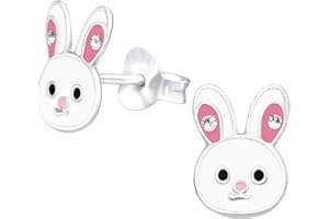 Laimons Pendientes para niña con forma de conejo, color blanco con purpurina, 9 mm x 7 mm, plata de ley 925, Plata de ley Plata esterlina Esmalte