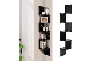 MINGYI Etagère d'angle à 5 Niveaux, Étagère Murale d'angle en Bois MDF, Bibliothèque étagère Suspendue, Étagère en Forme Zigzag, env. 20×20×123 cm (Noir)