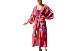 Tyidalin Playa Kimono Cárdigans Mujer Estampado Verano Boho Maxi Largo Vestido Túnica Talla Grande Rayón Pareos Bohemio