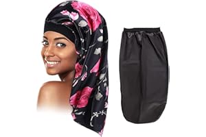 WUERKIYA 2 Pezzi Cuffia per Dormire Cofano Lungo in Raso Cofano in Seta per Dormire Notte Cappello per Dormire Cofano in Seta Cuffia per Dormire Copricapi Fascia Elastica per Donne e Ragazze (Nero, Fiore)