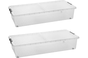 SUSTANIA Lot de 2 boîtes de rangement sous le lit – Boîtes de rangement en plastique transparent avec couvercle de fermeture pour dessous de lit, conteneurs empilables bas avec roulettes