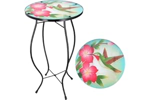 GEEZY Mosaic Garden Table – Colibri Design, Weatherproof Glass & Iron, Small Round Outdoor Patio Coffee Versatile Bistro Side Table Plant Stand for Home & Gift, 30.5 cm Diameter, Garden Tables Only
