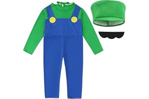 Febbabe Game Character Costume Plumber Jumpsuit for Unisex Halloween Cosplay Fancy Dressing up Outfit Classic Cartoon Role Play Long Sleeve Bodysuit with Hat + Moustache