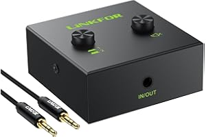 Switch Audio Jack, LiNKFOR 3,5 mm Audio Stéréo Commutateur Bidirectionnel 2 Entrée 1 Sortie/1 Sortie 2 Entrée avec Bouton Muet Audio Switcher avec 3,5mm Câble Audio pour Ordinateur Heaphone Téléphone