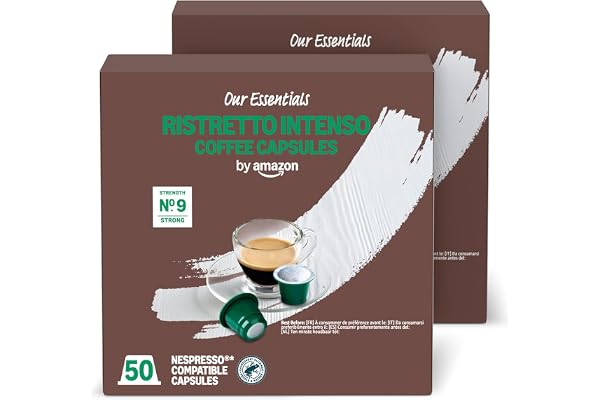 by Amazon Cápsulas de Café Ristretto Intenso de Plástico Compatibles con Nespresso, Tostado Oscuro, 100 Unidades (2 Paquetes de 50), Certificadas por Rainforest Alliance