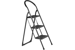 Ondis24 Hugo Escabeau pliable à 3 marches - Charge maximale : 150 kg - En acier revêtu par pulvérisation - Poignée souple extra longue (noir, 3 niveaux)