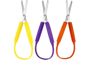 TELOOCO 3 Stück Bastelschere Adaptives Design Schlaufenscheren Bunte Griff Schere 14 cm Bastelschere Kinder Selbstöffnende Sicherheitsschere für Schulen Besondere Bedürfnisse (Gelb, Orange, Violett)
