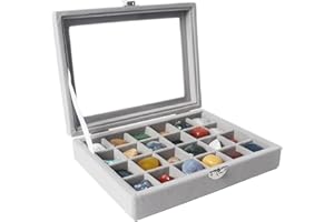 Dmnnlp Rock Vitrine, 24 Fächer Samt Rock Sammelbox, mineralien steine, Rock Display Case für Kleine Sammlerstücke, Fossil Kristalle, Edelsteine, Steine (Grau)