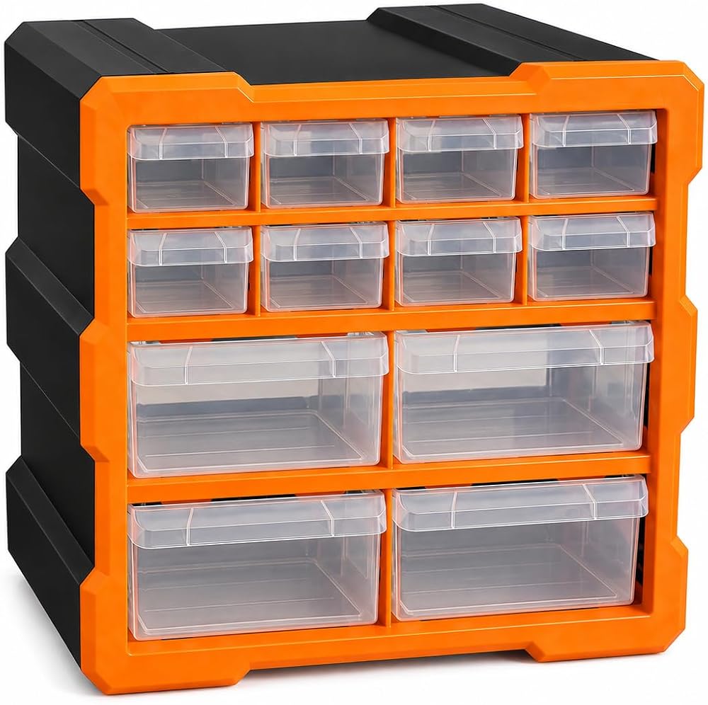 Orret Home 12 Çekmeceli Dikey Organizer Kutu, Vida Dübel Somun Civata Hırdavat Düzenleyici, Şeffaf Çekmeceli Küçük Parça Kutusu, Atölye Malzeme Dolabı (12 Çekmece)
