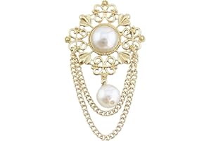 RAINWAY Vintage Rondes Filigrane Perles Fleur Broche avec Chaîne à Pompon, Style Baroque Brochen pour Femme, élégante Broche Fleur Creuse Dorée, Accessoire de Bijouterie pour Queue-de-pie