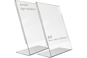 Dmytop Acrylic Sign Holders A5, Plastic Display Stands A5 Acrylic L-Shaped Base Menu Holders for Tables, Poster Counter Leaflet Sign Stands for Restaurant, Hotel, Office, Shop, Stall, 2 Pack
