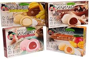 JAPON MARKET 24H Japon Market - Pack 4 Mochi Giapponesi: Mango, Fragola, Cioccolato e Banana con Cioccolato Nero – Dolce Asiatico, Dessert Esotico – 180g – Scatola di Dolci Giapponesi, Dolci Giapponesi, Set di Mochi