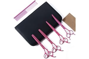MOONTAY Professional Dog Grooming Scissors Set, 7 Inch/8 Inch Pet Grooming Scissors Chunkers Shears for Dog, Curved Dog Grooming Scissors, Thinning Shears for Dog with Comb (7 inch, Pink)