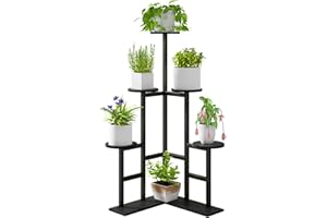 IBUYKE 6 Niveaux Support de Plante en Métal Bois, 108cm de Haut Étagère d'Angle pour Pots de Fleurs Interieur, Porte Plantes d'Intérieur pour Terrasse Balcon Jardin Salon, Noir TMJ072B