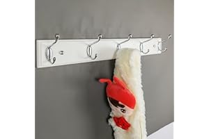 lomejii Long Wooden Wall Mounted Coat Rack Wood White 5 Hooks, 55 cm, Sturdy Silver Coat Hook Rack for Clothes, Hats, Bags, Large Modern Wood Coat Rack for Entrance Hallway Bedroom