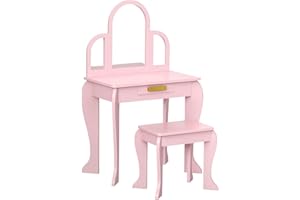 HOMCOM Tocador para Niña con Espejo y Taburete de Maquillaje de 3 a 6 Años, Infantil de Madera con Cajón Rosa