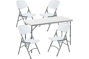 WELL HOME MOBILIARIO & DECORACIÓN Mesa Plegable Multifuncional de Altura Regulable 120x60x52,5-75 cm, y Set de 4 Sillas Plegables 51x45x85,5cm, Ideal para Exteriores