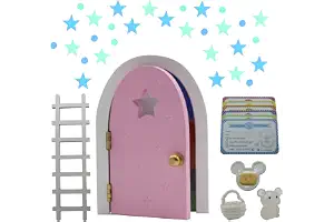 Qué Kawaii® Puerta Ratoncito Pérez Mágica que Abre y Brilla (Rosa)– Kit Completo con Escalera, Ratón, Certificados y Bolsa para Diente – Regalo Original Caída de Dientes Niños