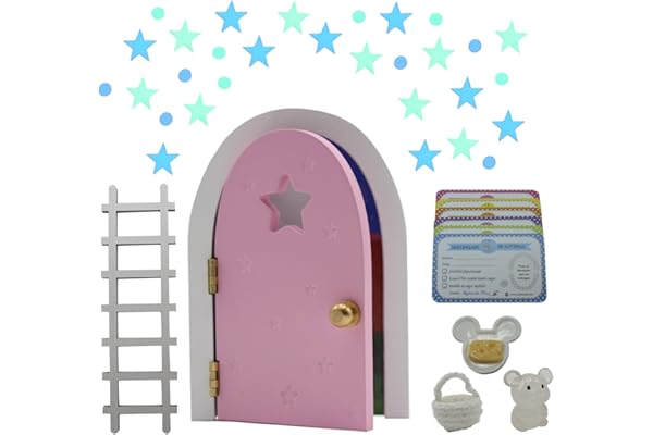 Qué Kawaii® puerta (Rosa) Ratoncito Pérez que abre y brilla con universo de estrellas y planetas. Certificados y complementos de resina. Bolsa crochet (hecha a mano). Pura magia.