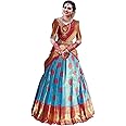 NAVKARMIT Women's Pure Silk Zari Weaving Lehenga Choli, Unstitched Lehenga Choli, Half Saree. (SKY BLUE RED)
