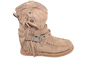 Malu Shoes Stivaletto donna indianini taupe scamosciati con frange zeppa interna 5 cm cinturino fibbia altezza caviglia moda ibiza