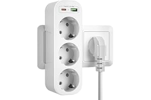 QAKALN Ladron Enchufes Multiple 3 Tomas USB C, Pared con 3 Clavija Schuko y 2 USB Puertos,Alargador con Cargador,Adaptador Triple Portátil Protección Infantil,Blanco