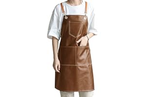 Small snail Retro PU Leather Apron Women Men Pinafore with 5 Pockets Waterproof Cross Back Artist Apron for Pottery Garden Craft Painting Woodworking Hairdressing Cafe