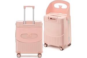 CyyKcc Luggage with Seat for Kids, 20 Inch Children Suitcase with Lockable 4- Spinner Wheels, 53x35x 28cm Pink Hardside Traveling case
