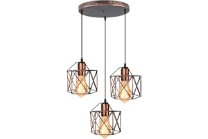 iDEGU Lampadario a sospensione Vintage, 3 Luci Lampade a Sospensione E27 in Metallo Ø15 Gabbia Design Esagono Retrò Lampada da Soffitto per Camera da Letto, Cucina, Sala da Pranzo (25cm Base, Ruggine)