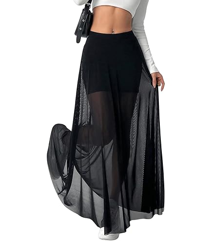 Lange damesrok, boho, bloemen, hoge elastische taille, met zakken en riem, maxi-rok, plooirok, strandrok, vrijetijdsrok, zwart, L