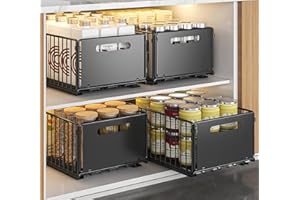 YunNasi Cassetto Estraibile Cucina Cassetto Telescopico Ripia Cassetti Scorrevole Armadio da Cucina Senza Bisogno di Trapano e Chiodi (Nero, 4 pezzo 38D X 25W X19H CM)