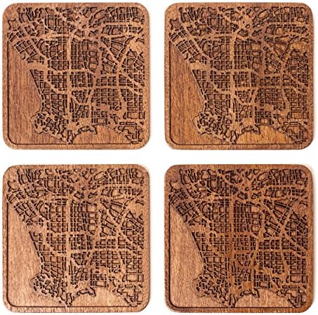 Los Angeles Map Coaster, Set of 4, Sapele Wooden Coaster with City Map, Handmade