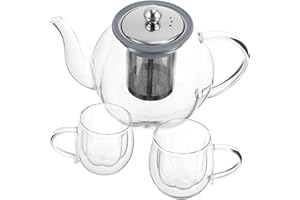 VZAAHU Set di teiera e tazze in vetro borosilicato a doppia parete con petali, set di bollitore con filtro in acciaio inossidabile rimovibile, teiera da 1 litro