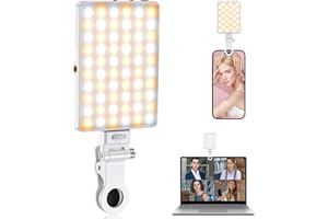 TONEOF Luz Selfie portátil, Luz de teléfono Recargable 60 LED con Clip&Doble Orificio Tornillo de 1/4", Luz de cámara 2500-9000K, para iPhone, Android, computadora portátil, Tableta-Blanco