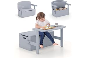 COSTWAY 3 en 1 Table Enfant en Bois avec Chaise, Banc Coffre à Jouets avec Couvercle & Poignée Découpée, Table d'Activités Convertible pour Tout-Petits de 3-7 Ans, Charge10/30kg, 60X57X44CM (Gris)