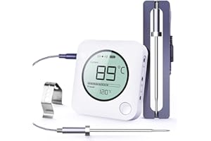 BFOUR Digital Bluetooth Grillthermometer Fleischthermometer Funk Bratenthermometer mit Zeitmesser, 2 Temperaturfühlern Sonden, Hintergrundbeleuchtung LED Display Sofortiges Auslesen