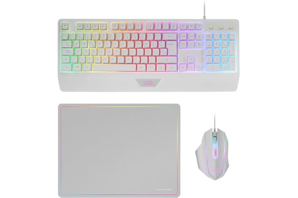 Mars Gaming MCP124WFR, Disposition Française, Combo Gaming 3en1, Clavier Ergonomique H-Mech LED RGB, Souris RGB 3200DPI Switches HUANO, Tapis Nanotextile 360x260mm, Multiplateforme, Blanc