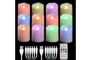 FREEPOWER 12 Candele LED Ricaricabili Cambia Colore con Telecomando Timer Fiamma Tremolante, RGB Lumini LED Elettriche con Cavi USB, Dimmerabili, Decorazione per Natale Halloween, 4 x 4.5cm
