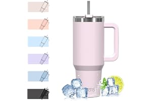 WATERSY 1182 ml Termo con Asa, Grande Taza Termica Acero Inoxidable, 40oz Taza de Café con Pajita, Termo de Agua para Frío y Caliente, Travel Mug Doble Pared, para Gimnasio, Viaje (Rose Quartz)