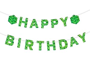 lasuroa Pancarta de Feliz Cumpleaños, Decoración Cumpleaños con Temática de Minero Píxeles Adecuada para la Decoración Adecuada para Niños Niños y Niñas