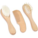 Aolso Baby Hair Brush and Comb Set of 3, Baby Brush with Soft Goat Bristles, Baby Fine Hair Brush, Wooden Brushes and Comb fo