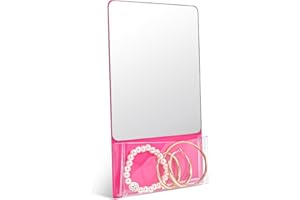 Torolle Magnetic Locker Mirror with Organizer Bag, 6.69" x 5.51" Small Real Glass Mirror with Magnetic Backing for School Locker Household Refrigerator Bathroom Office Cabinet -Pink